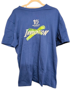 Load image into Gallery viewer, Blue t-shirt with Vaporesso logo and 'Innovation' text on a hanger