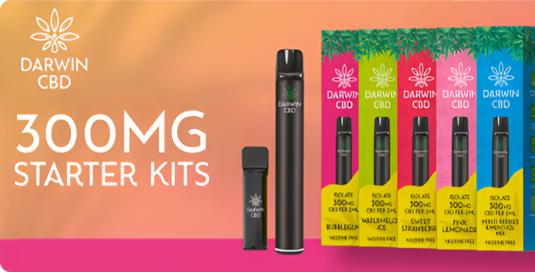 Darwin CBD 300MG starter kits packaging with product and colorful box on a gradient background.