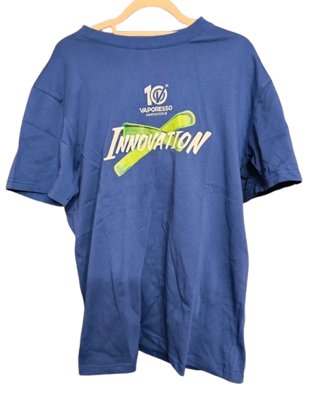 Blue t-shirt with Vaporesso logo and 'Innovation' text on a hanger