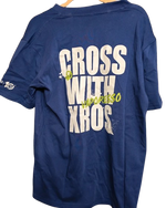 Load image into Gallery viewer, Blue t-shirt with white and green text on a white background
