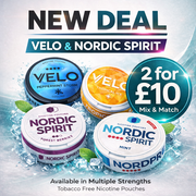 Promotional image of Velo and Nordic Spirit nicotine pouches with a 'New Deal' offer.
