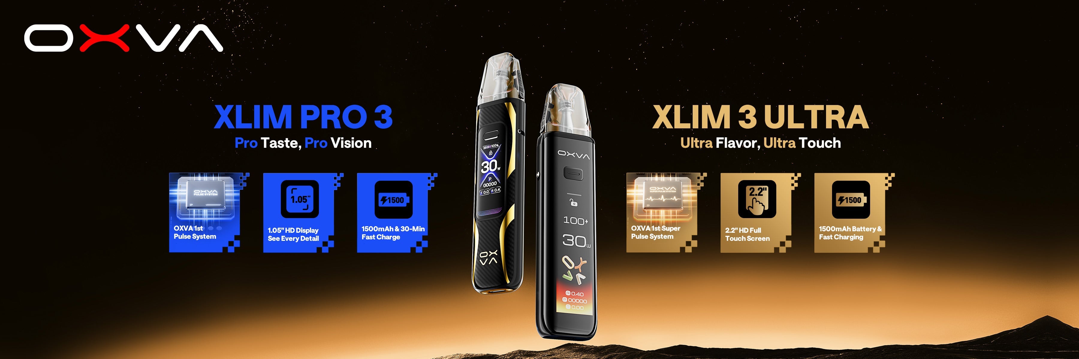 OXVA vaping devices with 'Xlim Pro 3' and 'Xlim 3 Ultra' branding on a dark background.