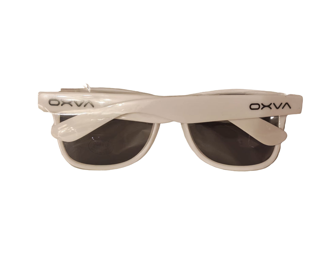 White sunglasses with 'OXVA' branding in clear packaging on a beige background