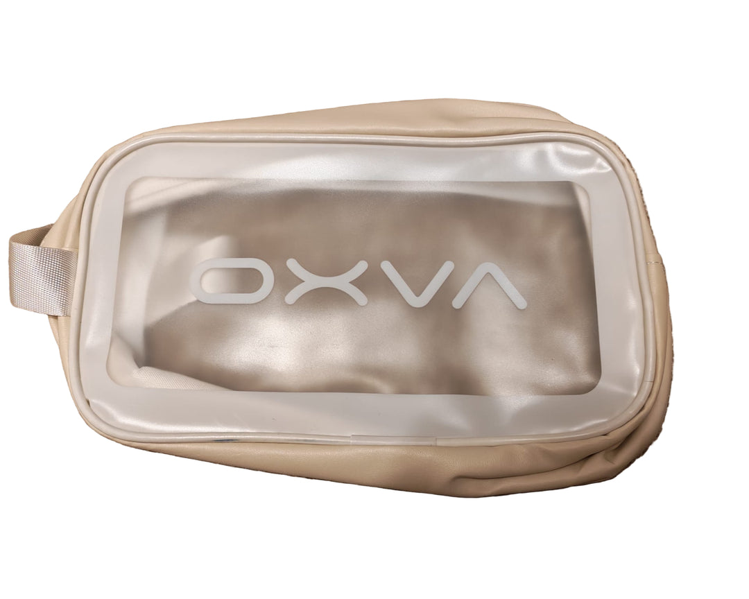 Beige toiletry bag with 'OXVA' branding 