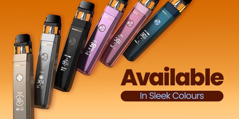 Vaping devices in various colors on an orange background with text 'Available In Sleek Colours'.
