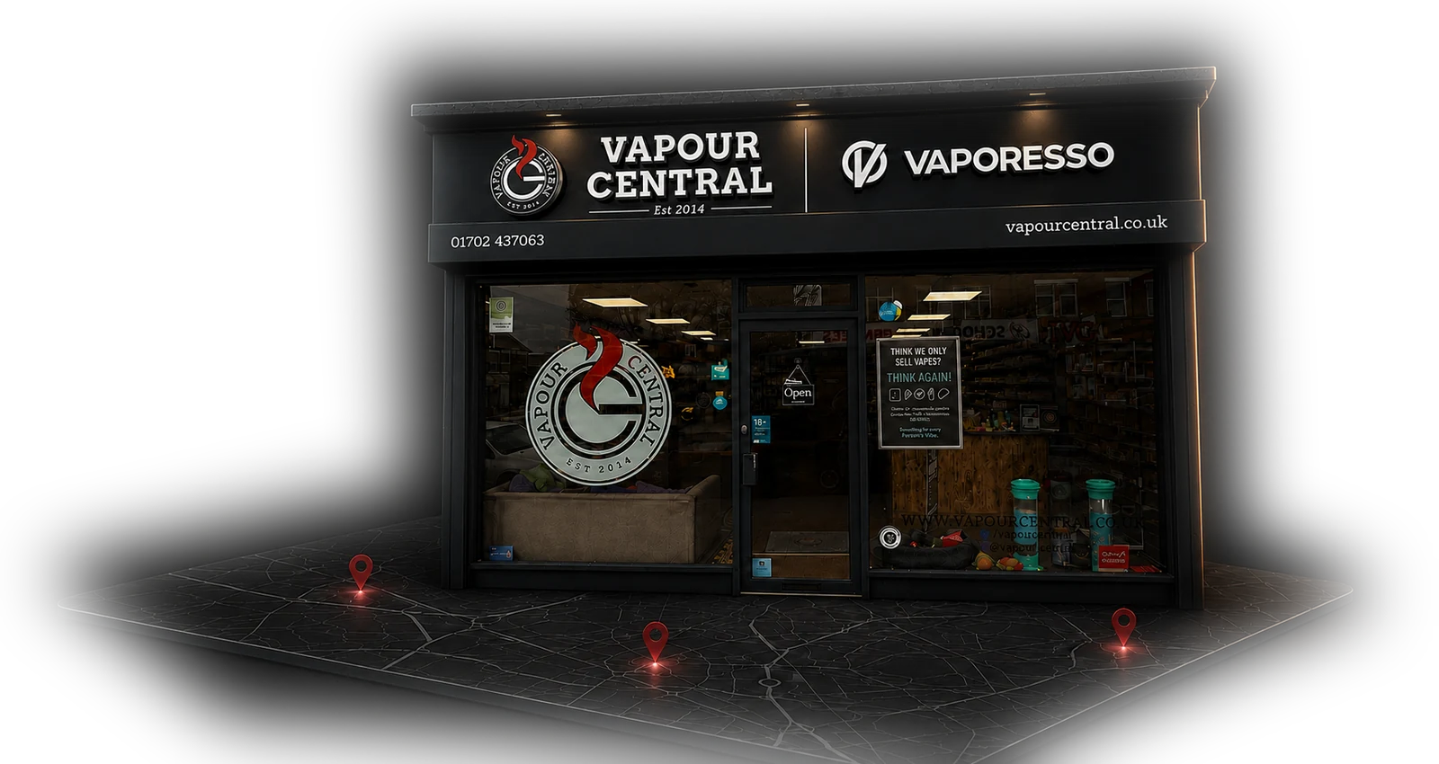 Vapour Central Westcliff store above a map showing our three Essex locations