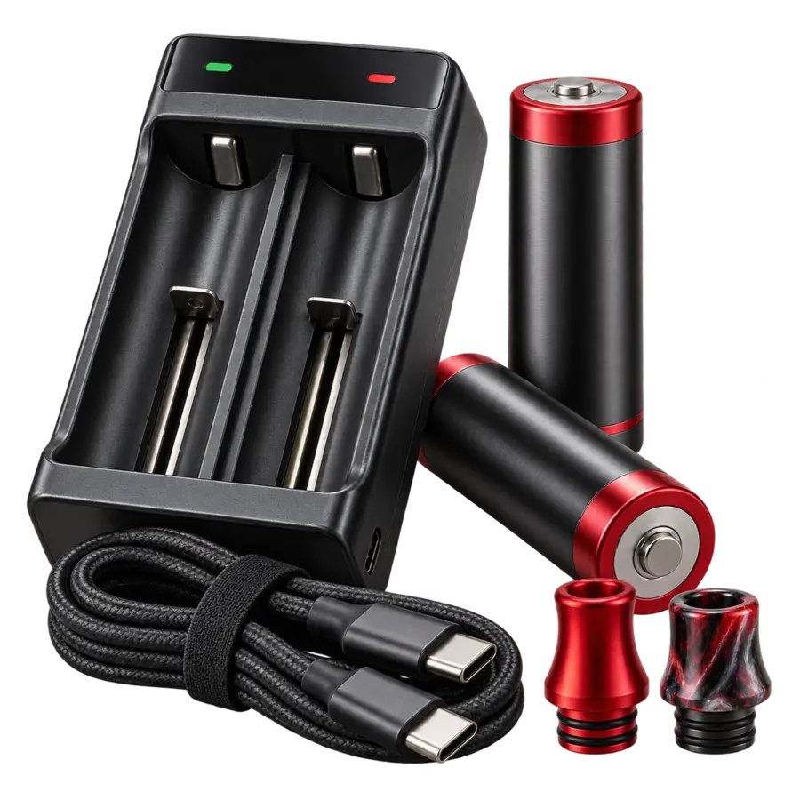 Vape batteries, charger, cable and drip tips